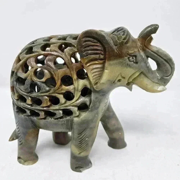 Hand Carved Soapstone Stone Elephant Baby Inside Green Figurine Natural Colors - Picture 4 of 9